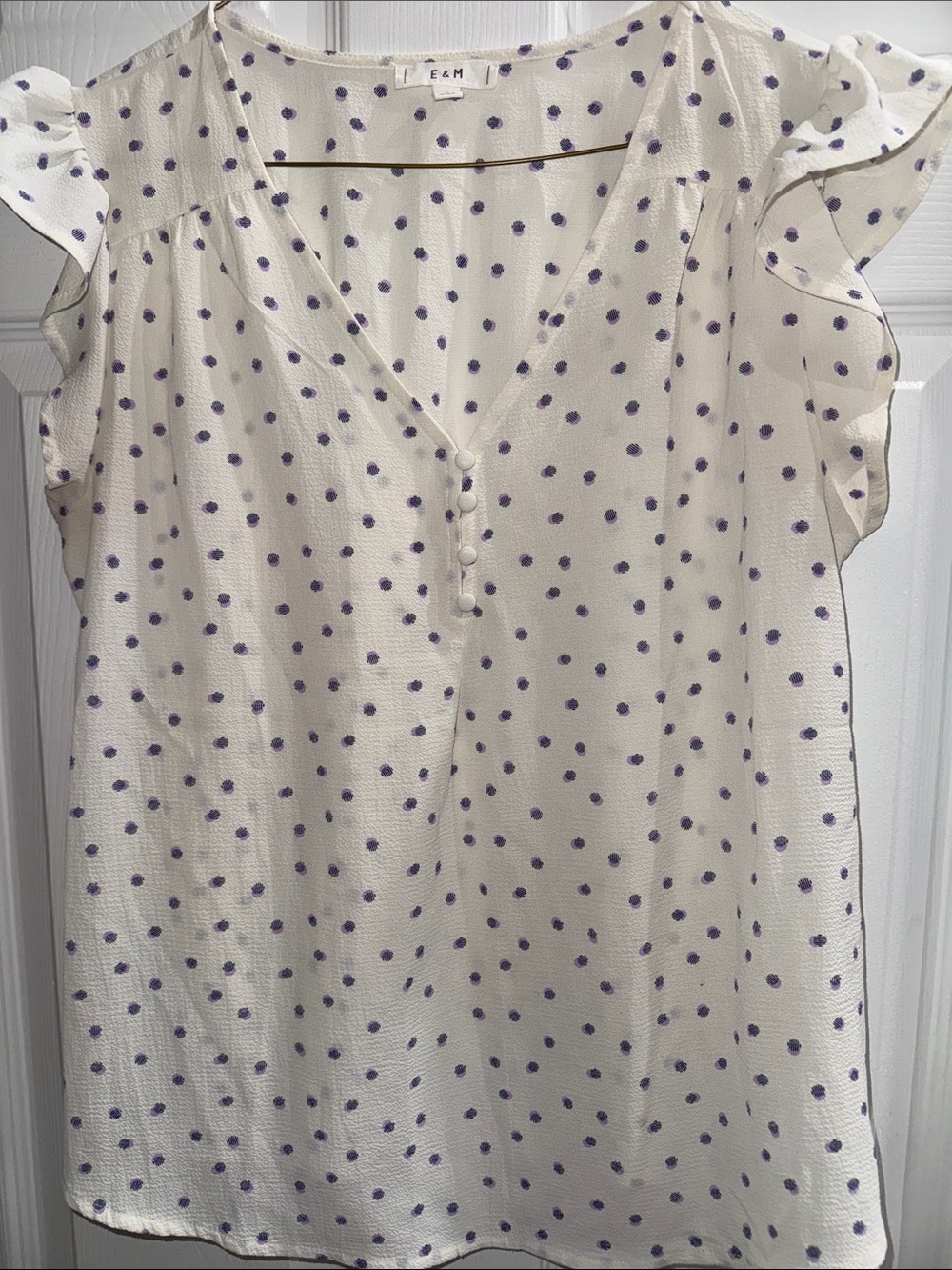 E+M Cream V-Neck Blouse with Purple Polka Dots